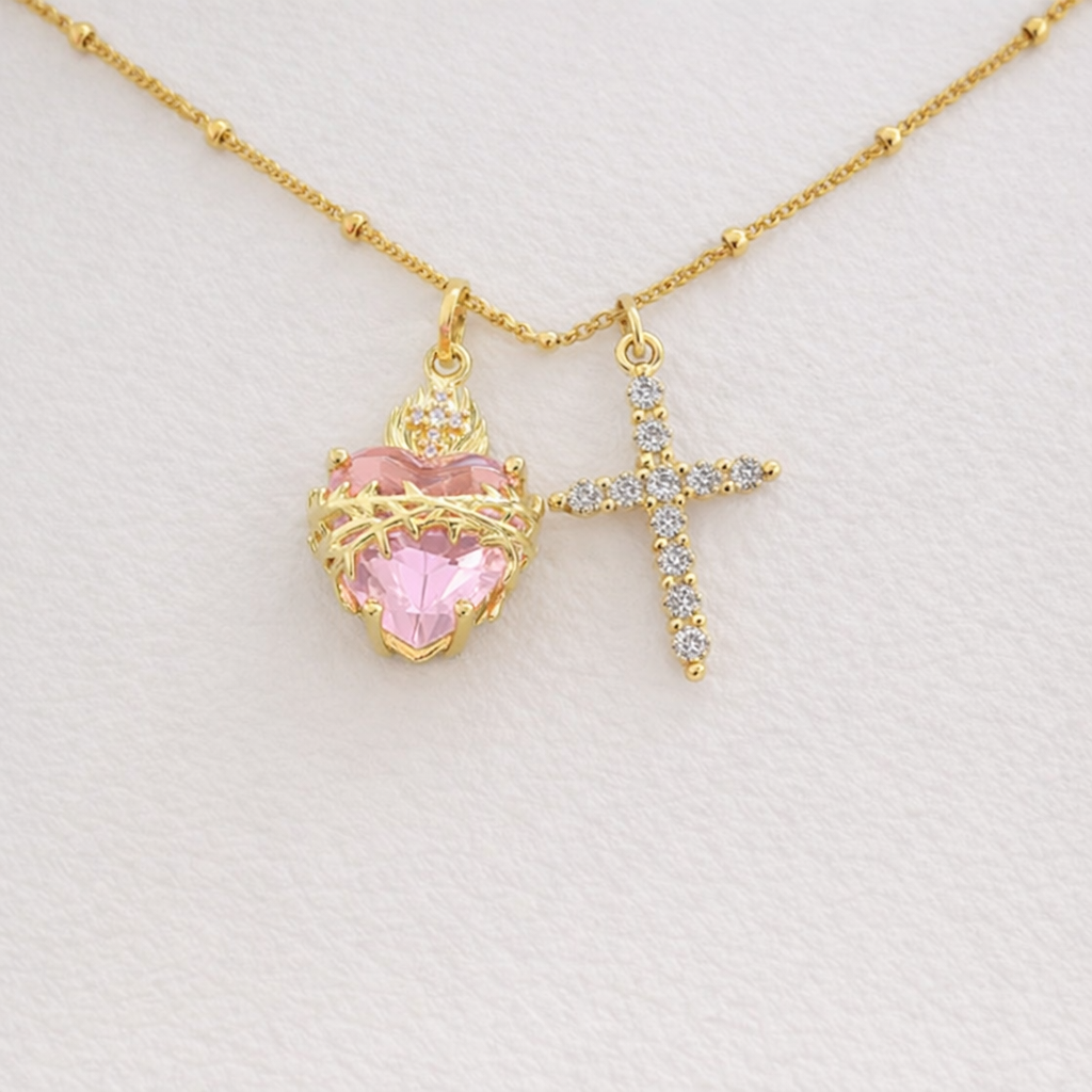 Cruz Zirconia y Sagrado Corazón Rosado 3 en 1