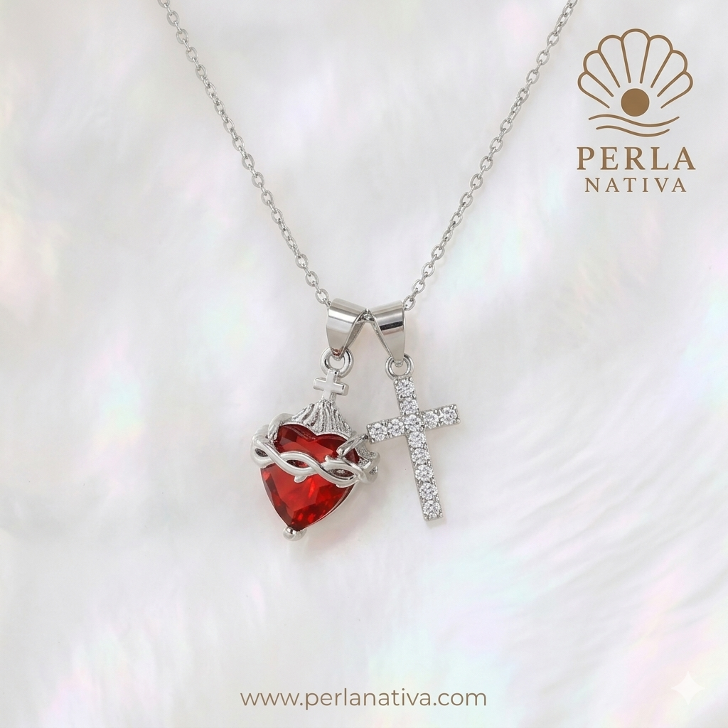 Cruz Zirconia y Sagrado Corazón Silver.