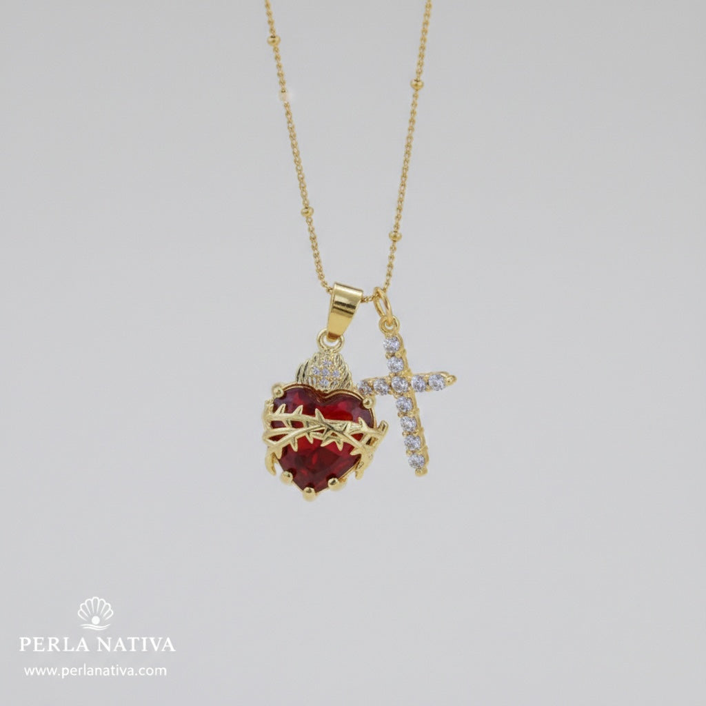 Cruz Zirconia y Sagrado Corazón Rojo