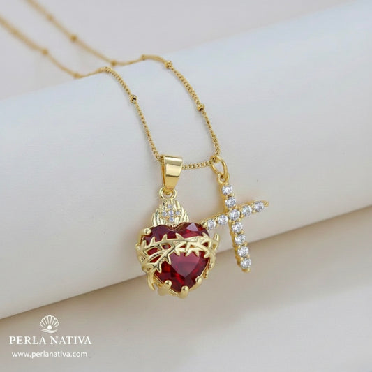 Cruz Zirconia y Sagrado Corazón Rojo