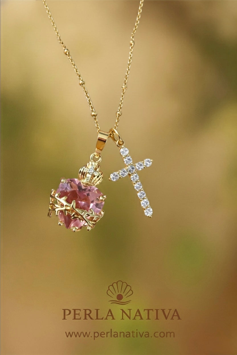 Cruz Zirconia y Sagrado Corazón Rosado.