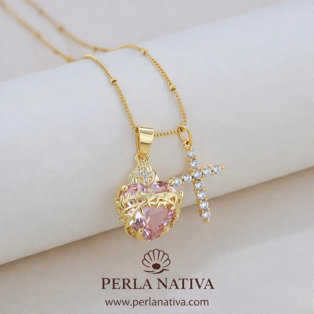 Cruz Zirconia y Sagrado Corazón Rosado 3 en 1
