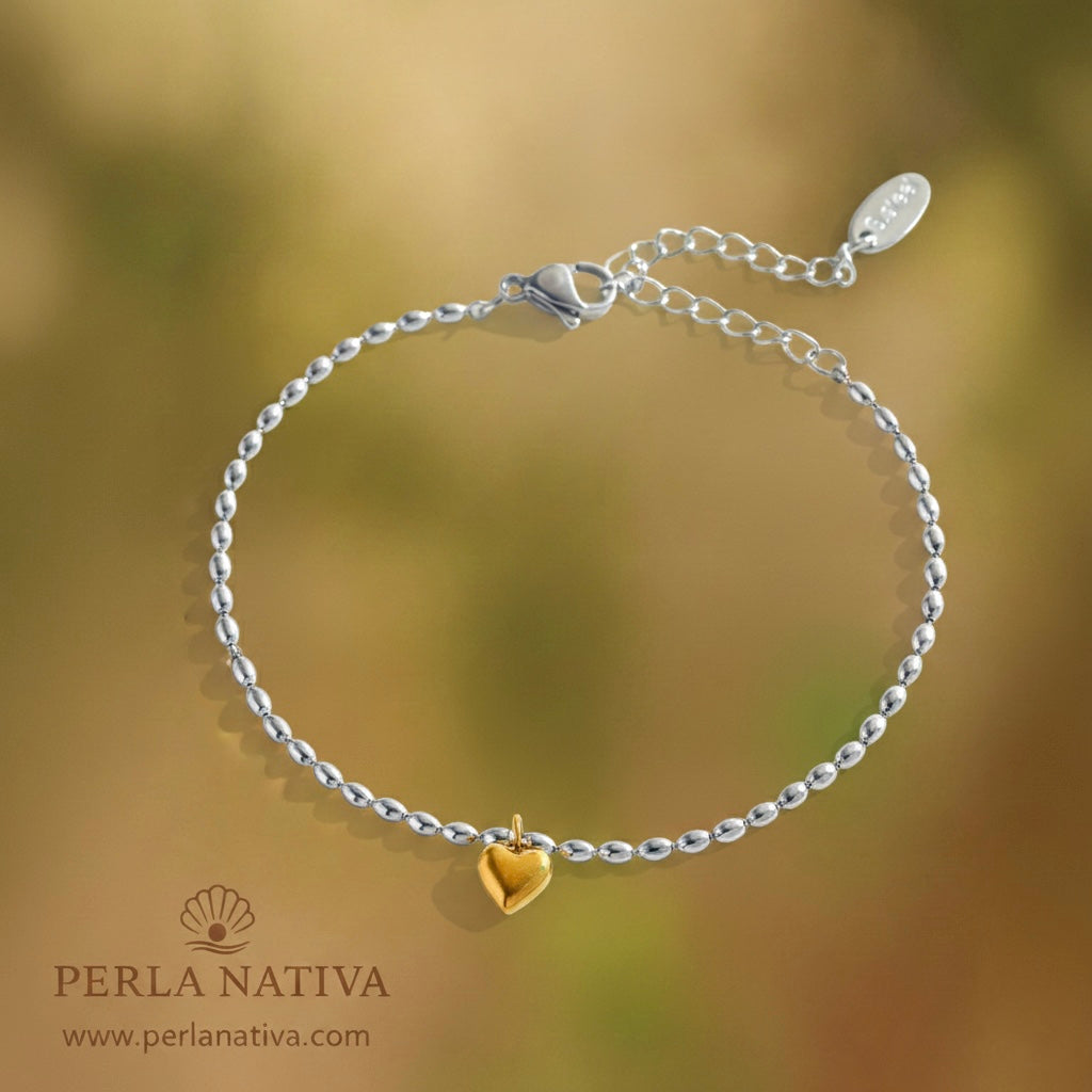 Pulsera Plateada Corazón Dorado