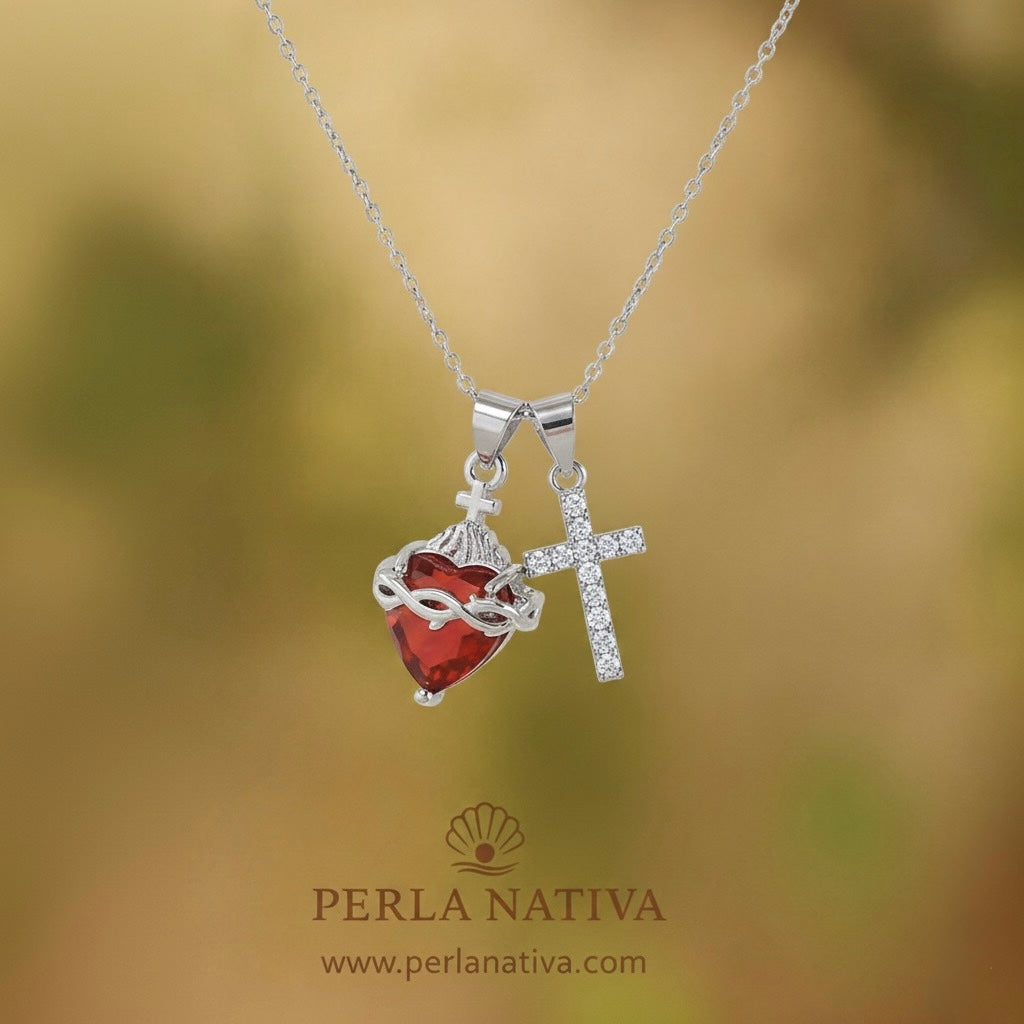 Cruz Zirconia y Sagrado Corazón Silver.
