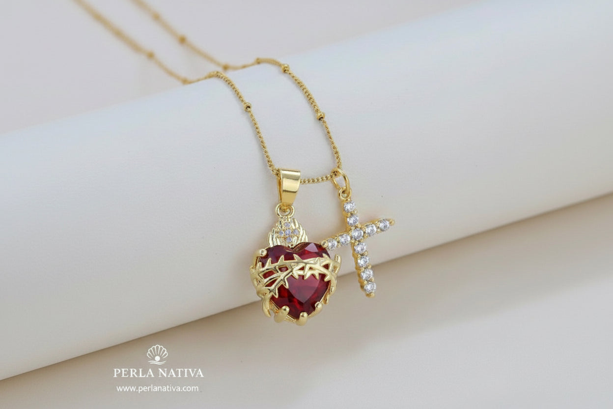 Cruz Zirconia y Sagrado Corazón Rojo