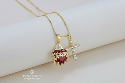 Cruz Zirconia y Sagrado Corazón Rojo