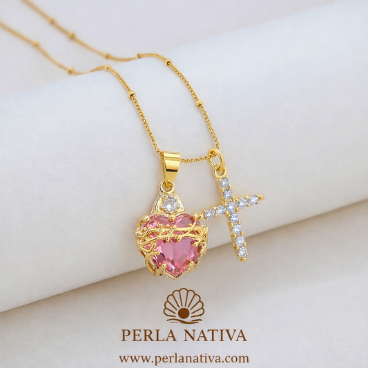 Cruz Zirconia y Sagrado Corazón Rosado 3 en 1